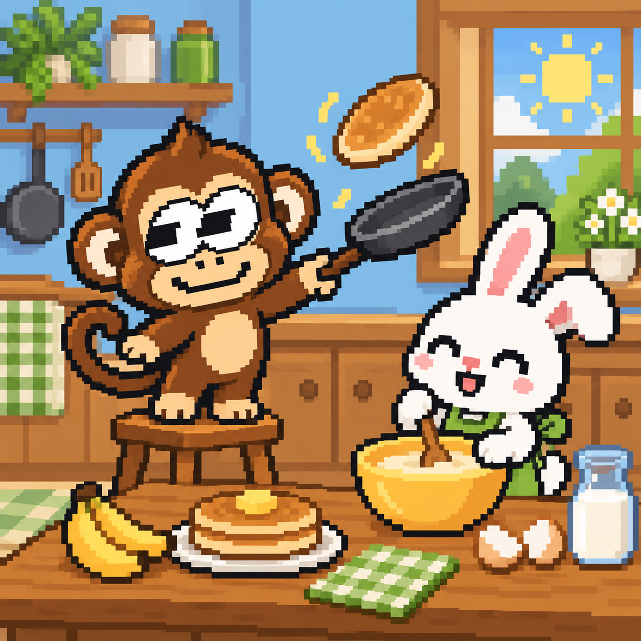 Pixel-art ape and rabbit making pancakes together