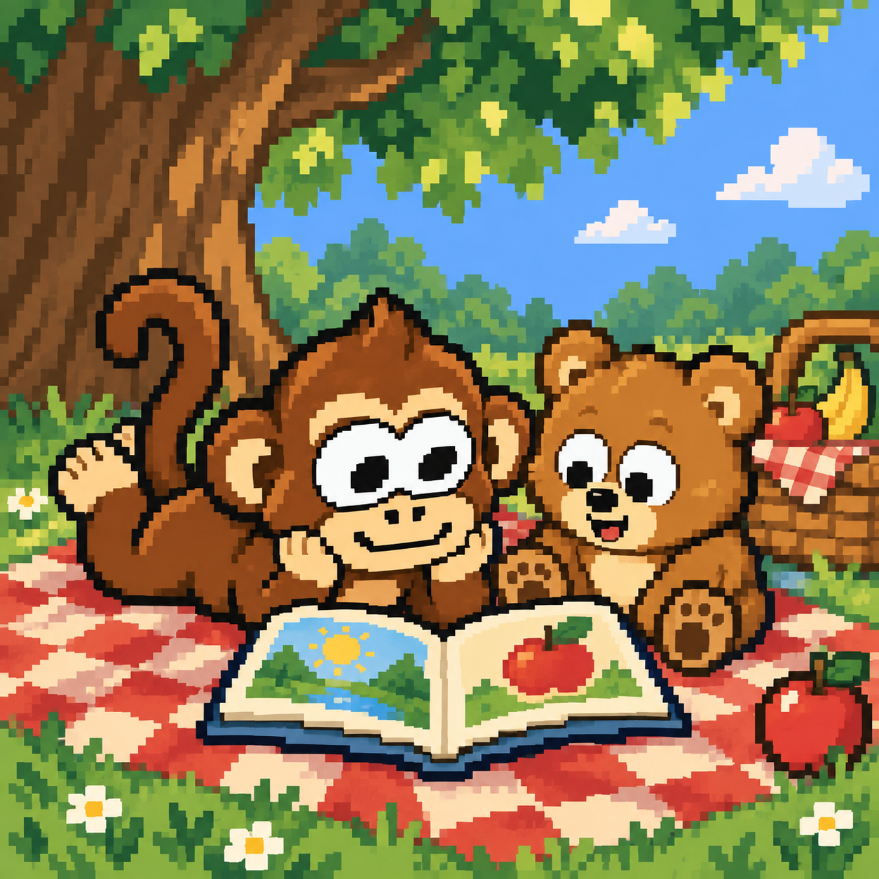 Pixel-art ape and bear reading together at a sunny picnic