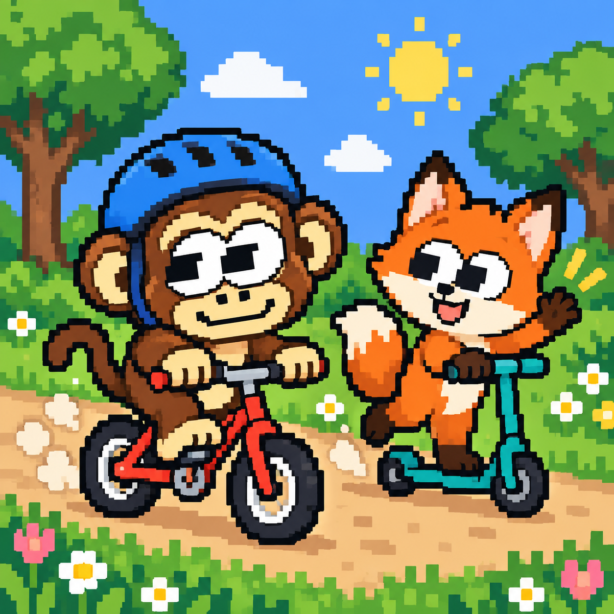 Pixel-art ape and fox riding a bicycle and scooter through the jungle